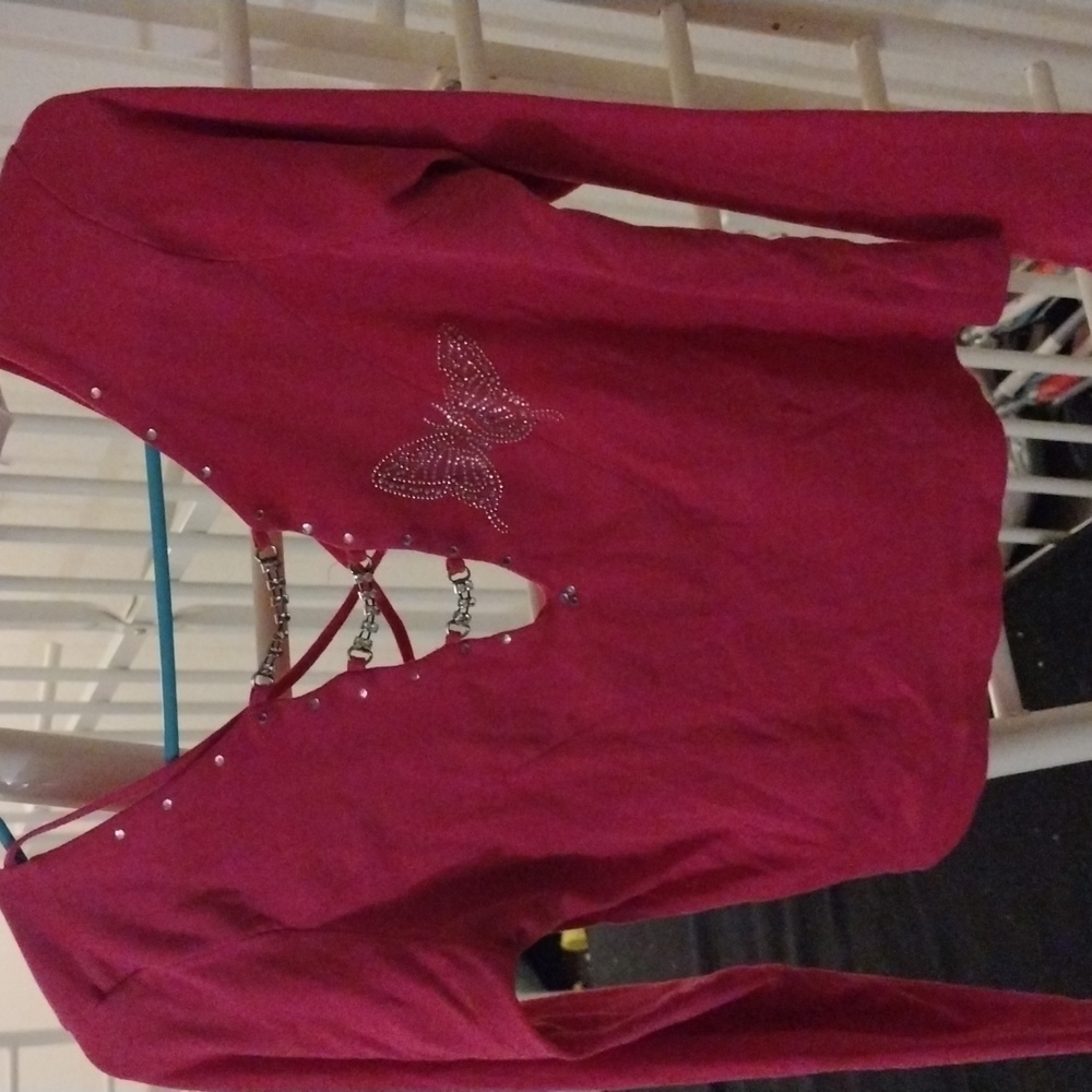 Pink long sleeve shirt. Open back and low v-neck.